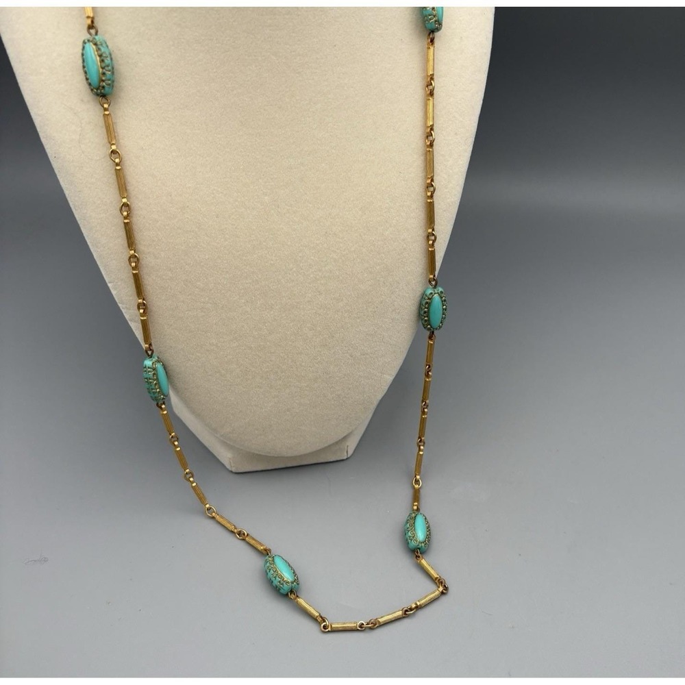 Vintage House of JOY Beaded Necklace Turquoise Lucite and Gold Beads 28" RARE